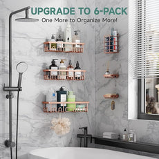 Veken Shower Caddy 6-Pack, No Drilling & Rustproof, Waterproof Adhesive Shelves Rack with Soap Holder, Large Capacity Bathroom Organizers and Storage, Wall-Mounted Kitchen & Home Decor, Rose Gold