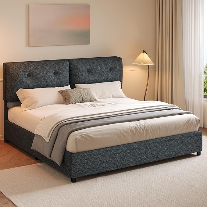 King Bed Frames,Breathable Boucle Fabric Upholstered Bed Frame with Headboard,Removable and Washable,Wood Slat Support,No Box Spring Needed,Easy Assembly, Dark Grey