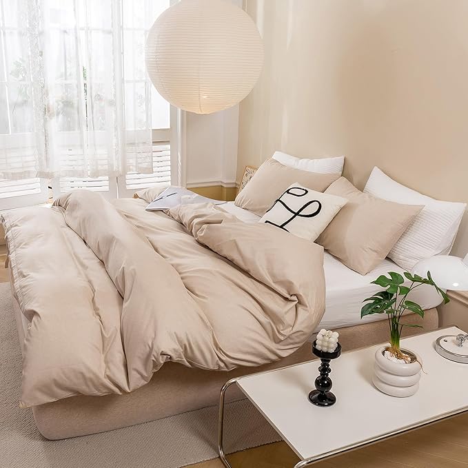 ECOCOTT Khaki Duvet Cover Queen Size - 100% Washed Cotton Durable Soft Comfy Duvet Cover Set, Lightweight and Breathable with Zipper Closure & Corner Ties (Khaki, 90''x90'')