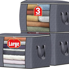 Fab totes 24 Gallons Clothes Storage, Foldable Thick Fabric Blanket Storage Bags, Containers for Organizing Bedroom, Closet, Clothing, Comforter, Organization with Handle (3 Pack,Grey)