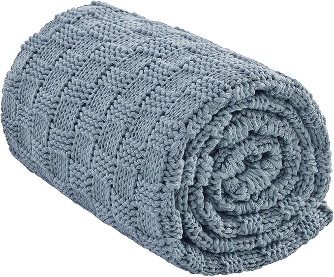 Knitted Weighted Blanket for Adult, No Beads Heavy Blanket 50” x 60'' 7lbs, Breathable Chunky Knit Blanket, Cooling Weighted Blanket for Hot Sleepers, Christmas Home Decor (Light Blue)