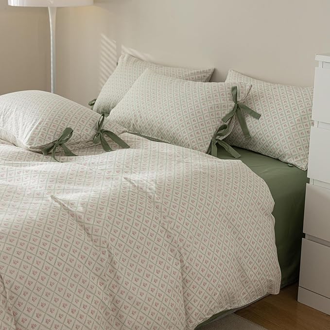 mixinni Red Floral Duvet Cover Set Queen Size - 100% Cotton Green Grid Bedding with Bow Ties, 3PC Cottagecore Comforter Cover (1 Duvet Cover + 2 Pillowcases) Vintage Garden Style Soft Aesthetic
