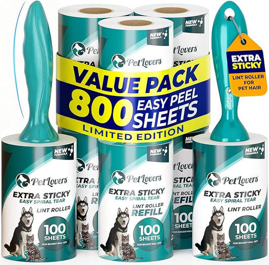 PetLovers Extra Sticky Lint Roller Ultimate Value Set 800 Sheets for Pet Hair Removal, Dog and Cat Lint Remover 8 Pack Green