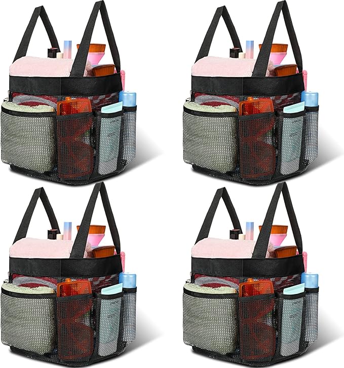 Hillban 4 Pcs Mesh Shower Caddy Portable Large Quick Dry Shower Caddy Basket with Deeper 8 Pockets and 2 Handles Hanging Bag for College Dorm Room(Black)