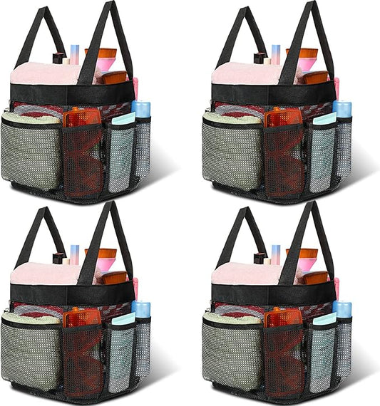 Hillban 4 Pcs Mesh Shower Caddy Portable Large Quick Dry Shower Caddy Basket with Deeper 8 Pockets and 2 Handles Hanging Bag for College Dorm Room(Black)