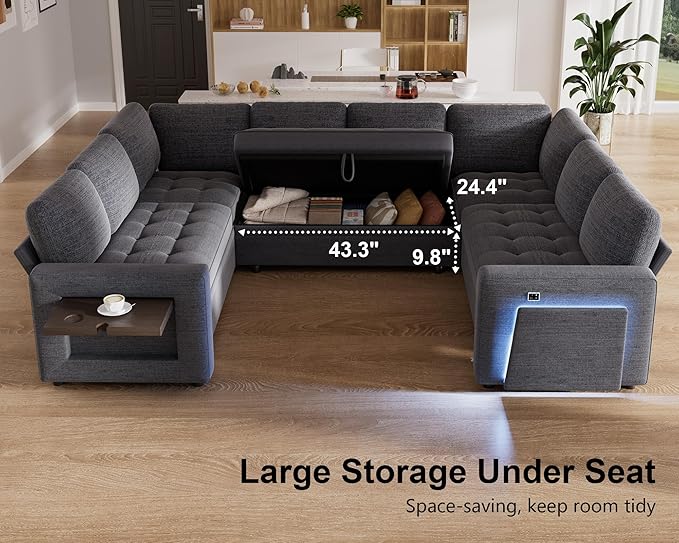 WEUP 8 Seat U Shaped Sectional Sleeper Sofa Bed with Pull Out Bed, Chenille Sectional Sleeper Couch with Adjustable Backrest, USB Ports, LED, Side Table, Tool-Free Assembly, Chenille Dark Grey