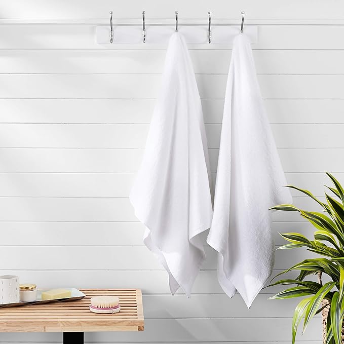 Amazon Basics 2 Piece Lightweight Quick-Dry Bath Towel, 100% Cotton, White, 54" x 30" (Pack of 12)