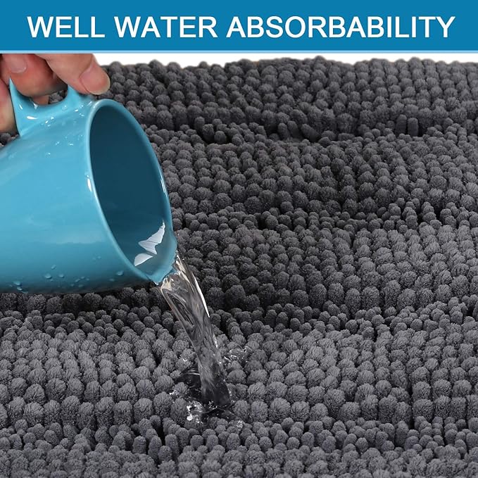 H.VERSAILTEX Bath Mats for Bathroom Non Slip Extra Thick Chenille Striped Bath Rug 24" x 36" Absorbent Non Skid Fluffy Soft Shaggy Rugs Washable Dry Fast Plush Mats for Indoor, Bath Room, Tub - Grey