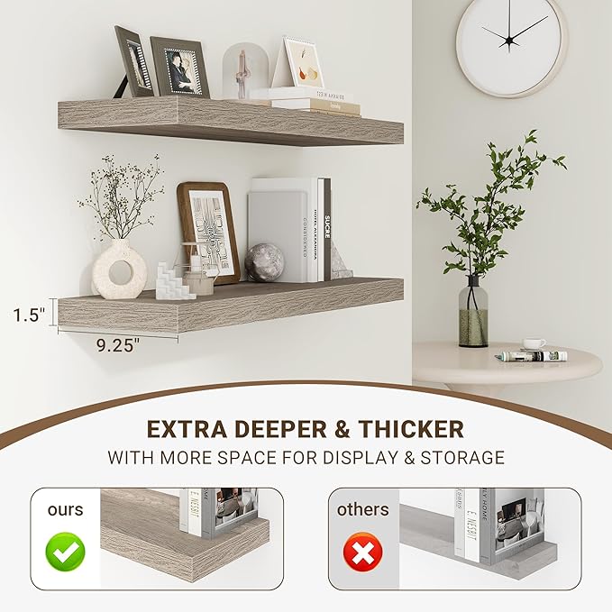 48 Inch Floating Shelves, 3D Textured Wood Grain, 48"x9.25"x1.5" Inch Deep Floating Shelves for Wall, Wooden Shelves for Bathroom, Bedroom, Living Room, Vintage Gray Oak, 1 Piece