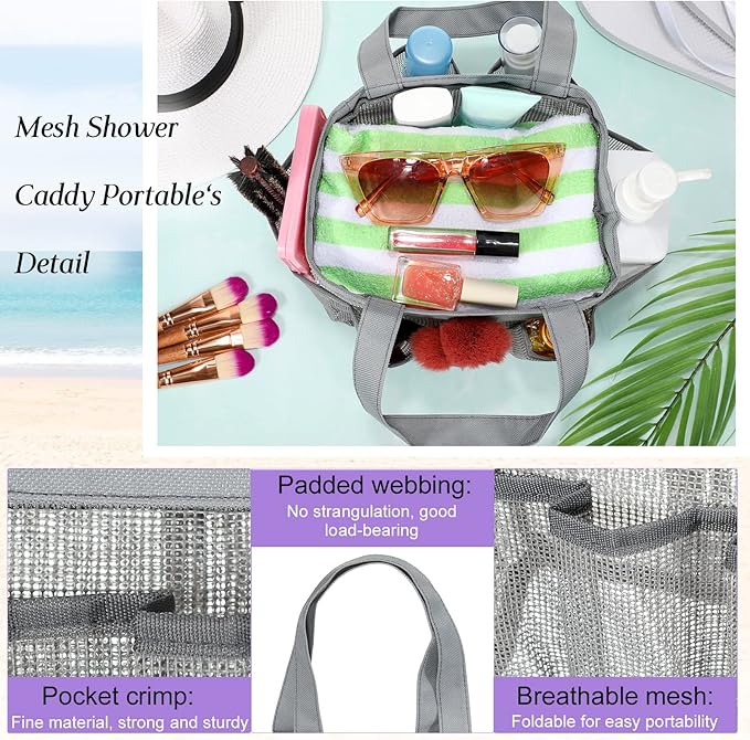 Hillban 4 Pcs Mesh Shower Caddy Portable Large Quick Dry Shower Caddy Basket with Deeper 8 Pockets and 2 Handles Hanging Bag for College Dorm Room(Blue, Purple, Black, Gray)