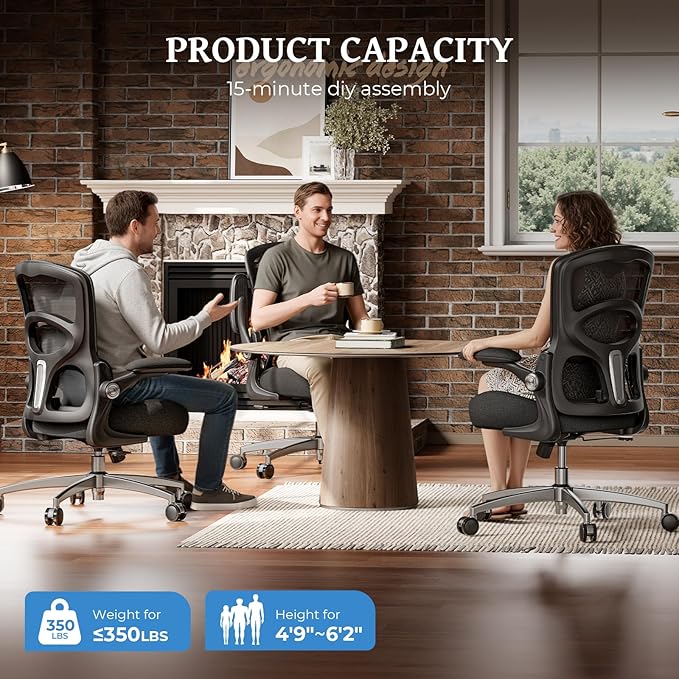 Ergonomic Office Chair - Office Desk Chair with Adjustable Lumbar Support - Mesh Comfy Chair with Flip-Up Arms - Heavy Duty Gaming Chairs for Adults Home and Business