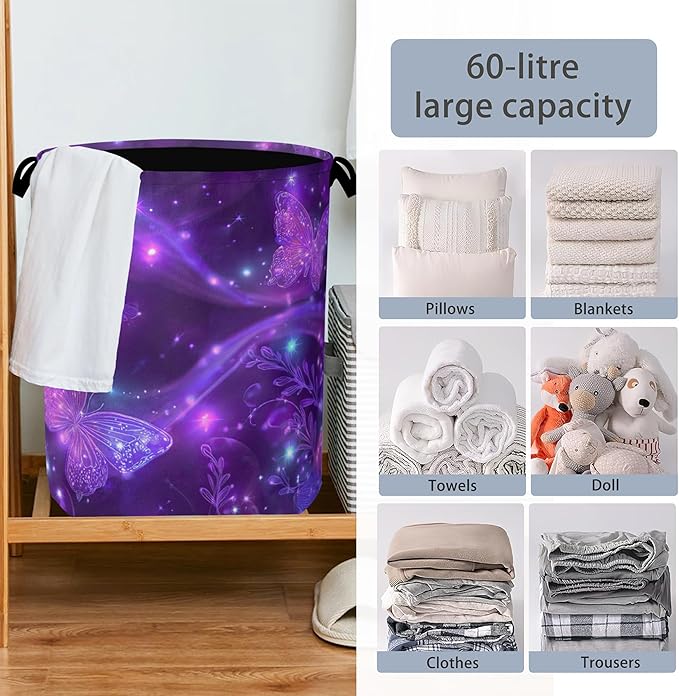 Purple Butterfly Laundry Hamper,Sparkling Dirty Clothes Laundry Basket with Handles Waterproof Oxford Cloth Storage Basket for College Dorms Bathroom Bedroom 16" x 20.8"