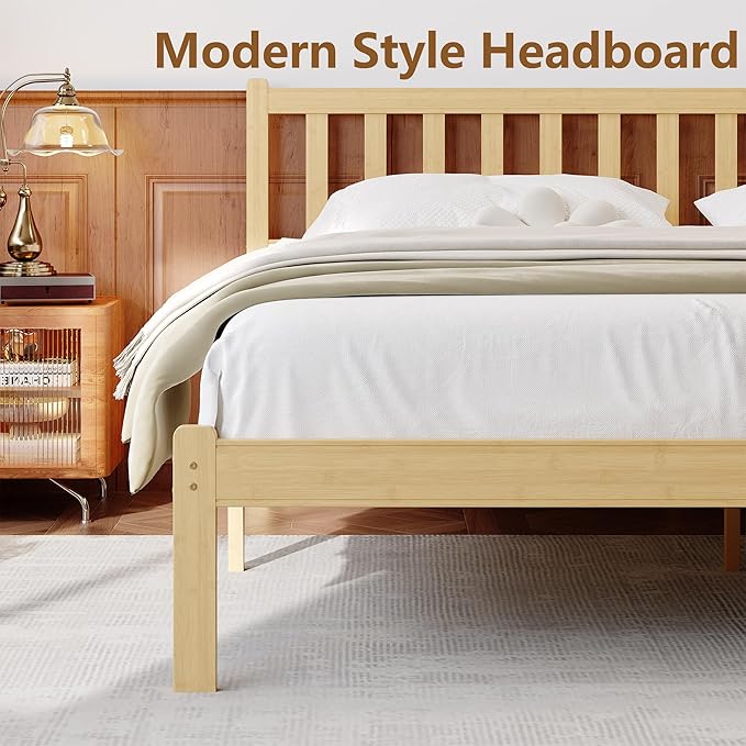 14 in High Solid Bamboo Wood Platform Queen Bed Frame with Headboard, Bed Frame Queen Size, Heavy Duty, No Box Spring Needed, Nosie Free