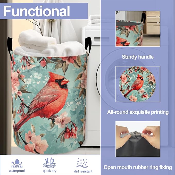 Vintage Cardinal Bird Laundry Basket, Flowers Oxford Cloth Laundry Hamper With Handle Foldable Portable Clothes Storage Basket Storage Bag For Laundry Room/Bathroom/Bedroom/Dormitories