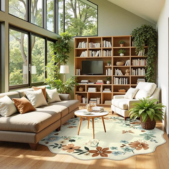 Lahome Floral Washable Round Area Rug, Round Rug 5ft Soft Non-Slip, Non-Shedding Boho Circle Carpet for Bedroom Living Room Bathroom Nursery Kitchen, Beige