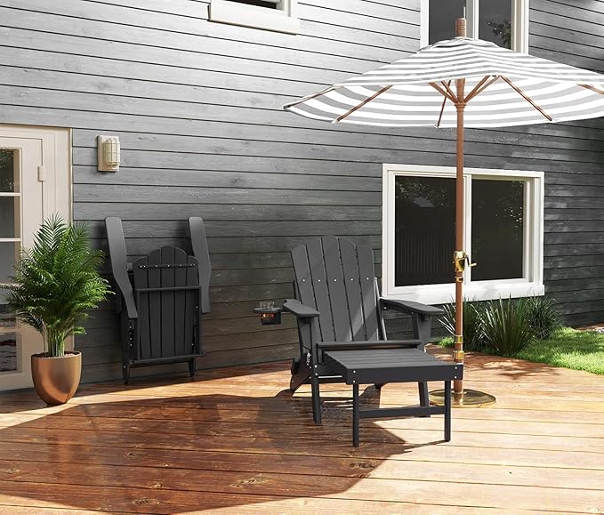 FOOWIN Adjustable Adirondack Chair with Retractable Ottoman Set of 8, Folding Adirondack Chair with Cup Holder, HDPE All-Weather Fire Pit Chair for Patio, Yard, Poolside, Grey