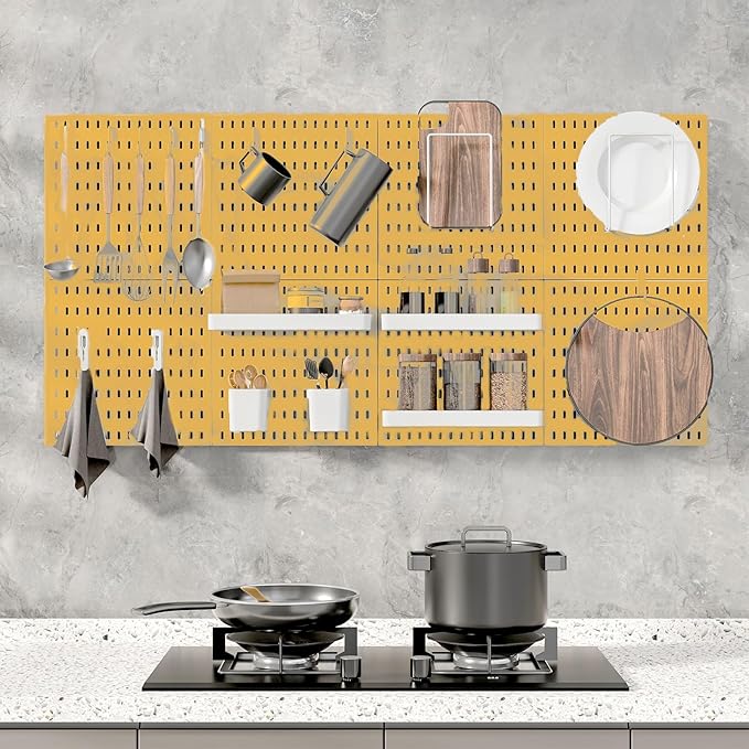 Pegboard Combination Kit, Wall Mounted Storage Set with 4 Pegboards & 14 Accessories Hanging, Yellow Peg Boards Organizer for Walls Display, Crafts Organization, Kitchen Organizer, 22" x 22"