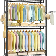 SONGMICS Heavy-Duty Rolling Clothes Rack, Garment Rack, Portable Closet, 43.3-Inch Wide Clothing Rack on Wheels, with Adjustable Mesh Shelves and Hanging Rails, Hooks, Ink Black ULGR414B01