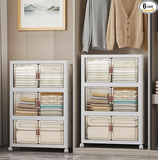 Extra Large Stackable Storage Bins with Lids & Wheels & Door, 672QT-112QT/28GAL*6Pack Foldable Collapsible Closet Organizers, Plastic containers drawers for bedroom Dorm