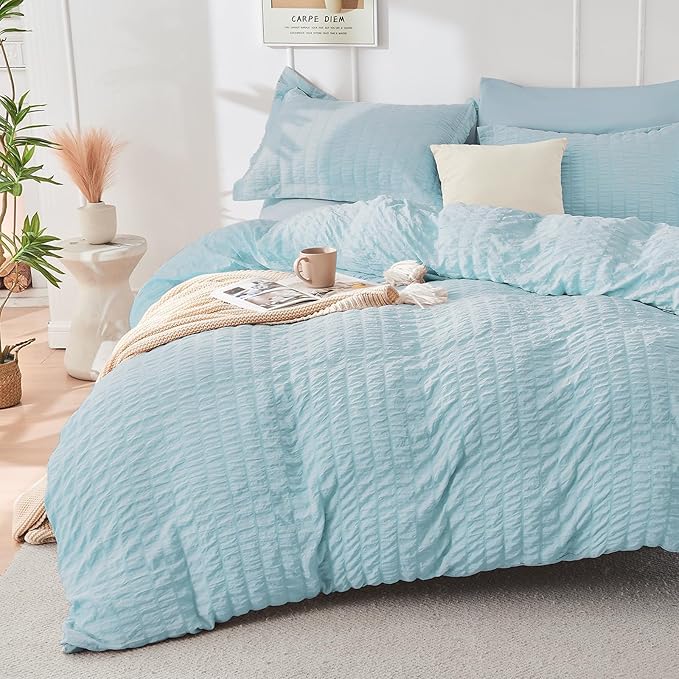 HYMOKEGE Lake Blue Twin Comforter Set Seersucker 5 Pieces, All Season Luxury Bed in a Bag for Bedroom, Bedding Set with Comforters, Sheets, Pillowcase & Shams