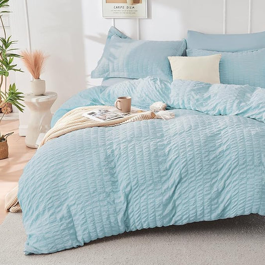 HYMOKEGE Lake Blue Twin Comforter Set Seersucker 5 Pieces, All Season Luxury Bed in a Bag for Bedroom, Bedding Set with Comforters, Sheets, Pillowcase & Shams