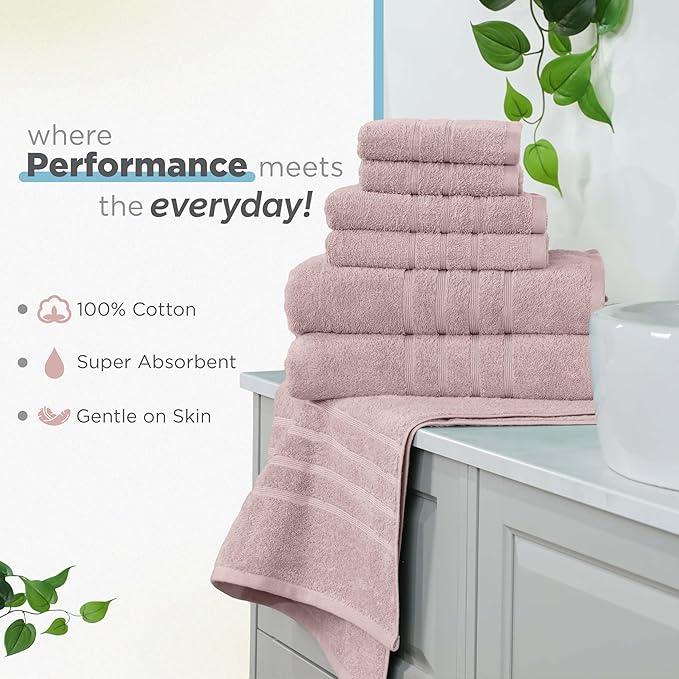 Martex 6-Piece Towel Set – Ultimate Performance – 100% Cotton – 2 Bath Towels – 2 Hand Towels – 2 Wash Cloths – Versatile – Low-Linting – Supersoft & Absorbent Bathroom Set – Easy Care – Crystal Pink