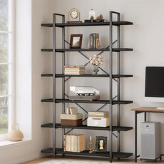 HSH 6 Tier Tall Black Bookshelf, Modern Large Storage Book Shelves & Display Book Shelf,Industrial Open Vertical Metal and Wood Black Bookcases 6 Shelf for Bedroom Living Room Office, Black Oak