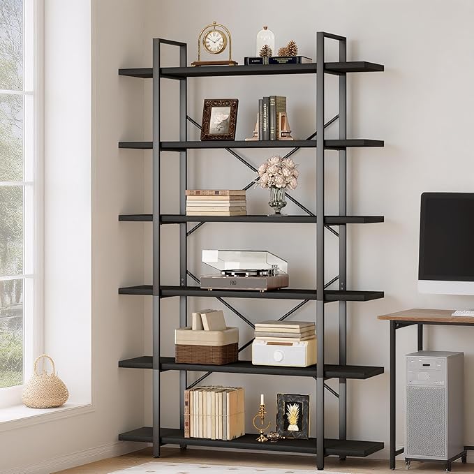 HSH 6 Tier Tall Black Bookshelf, Modern Large Storage Book Shelves & Display Book Shelf,Industrial Open Vertical Metal and Wood Black Bookcases 6 Shelf for Bedroom Living Room Office, Black Oak
