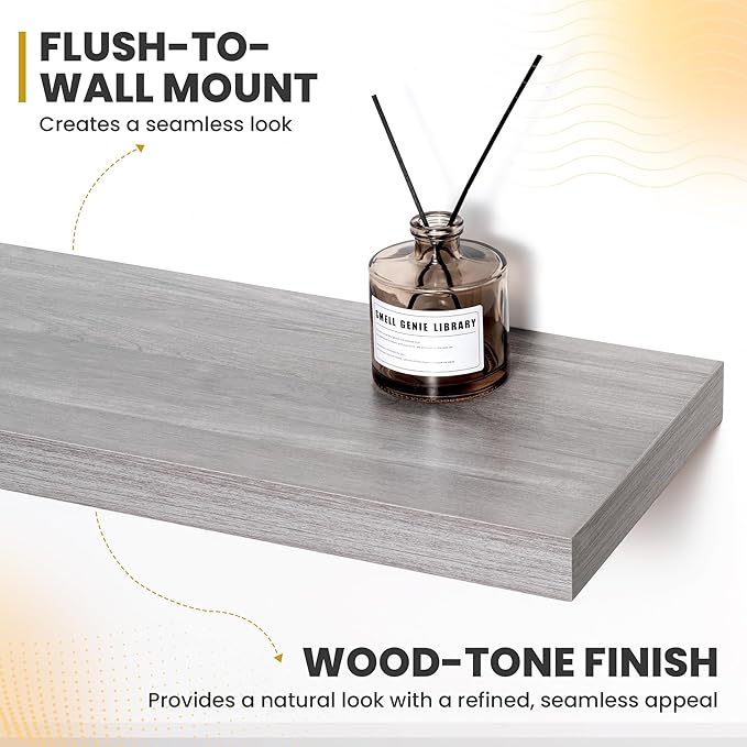 40 Inch Floating Shelves, 9.3" Deep Floating Shelf Wall Mounted, 40" Wall Shelves, Rustic Deep Bookshelf, Large Display Shelves & Storage Shelves for Bedroom, Living Room, Gray, Set of 2