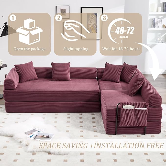 106" Oversized Convertible Sleeper Sofa Bed, Corduroy L Shape Sectional Couch, Folding Sofa Bed with Side Pocket, Modern Cloud Floor Mattress Couch, Modular Sofa for Living Room, Wine Red