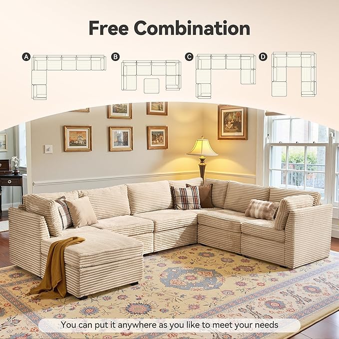 Large 7 Seat Modular Sectional Sofa with Ottoman Seat Corduroy Sleeper Sectional Sofa Bed Oversized Convertible Modular Couch for Living Room