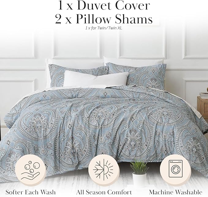 Southshore Fine Living, Inc. Reversible Paisley Duvet Cover King Size Set, Oversized California King Duvet Cover Boho Set, Pet Hair Resistant Bedding, 2 Paisley Pillow Shams - Pure Melody Aqua