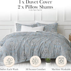 Southshore Fine Living, Inc. Reversible Paisley Duvet Cover King Size Set, Oversized California King Duvet Cover Boho Set, Pet Hair Resistant Bedding, 2 Paisley Pillow Shams - Pure Melody Aqua