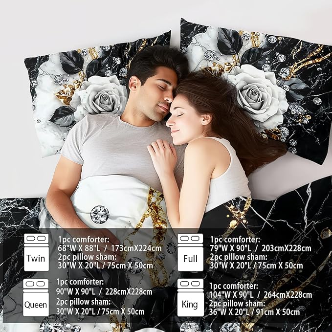 Marble Floral Comforter Set for Twin Bed Women,Vintage Flower Bedding Set Twin,White and Black Comforter Rose Quilt for Girls,Rose Bedding Floral Bedroom Decor Adults