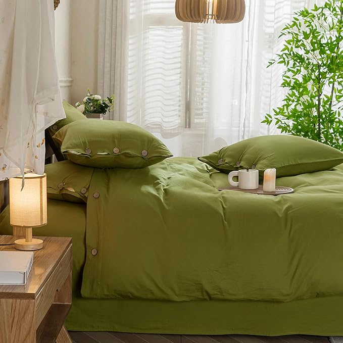 JELLYMONI Christmas Duvet Cover Full Size - Avocado Green Comforter Cover with Button 100% Washed Cotton 3PCS Breathable Soft Solid Bedding Set Duvet Cover 80×90in & 2 Pillowcases (NO Comforter)