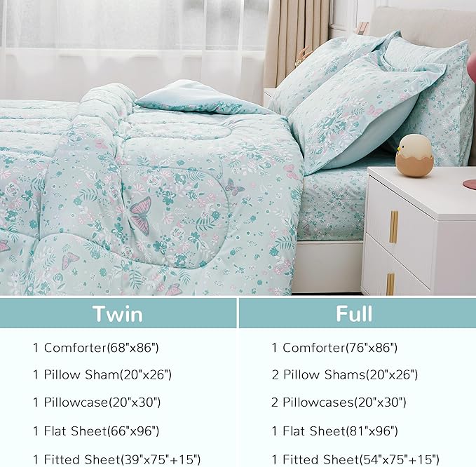 Viviland Kids Full Bedding Sets for Girls, Soft Full Comforter Set with Sheets, 7 Pieces Microfiber Bed in a Bag, Green Butterfly