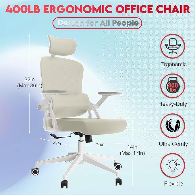 Ergonomic Office Chair - 400LB Comfy Desk Chairs with Adjustable Headrest and Lumbar Back Support, Mesh Computer Chairs with Wheels and Arms for Home Office, Study (218khaki-With Headrest)