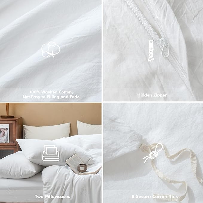 FOSSA Duvet Cover Set 100% Washed Cotton Linen Feel Super Soft Breathable Cozy 3 Pieces Bedding Sets Solid Bright White Queen