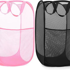 Durable Collapsible Laundry Baskets - Reinforced Mesh Pop Up Laundry Hamper with Pocket, Foldable Dirty Clothes Hamper with Carry Handles for Laundry, Bathroom, Kids Room, Dorm or Travel Pink+Black