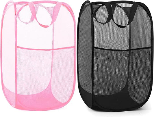 Durable Collapsible Laundry Baskets - Reinforced Mesh Pop Up Laundry Hamper with Pocket, Foldable Dirty Clothes Hamper with Carry Handles for Laundry, Bathroom, Kids Room, Dorm or Travel Pink+Black