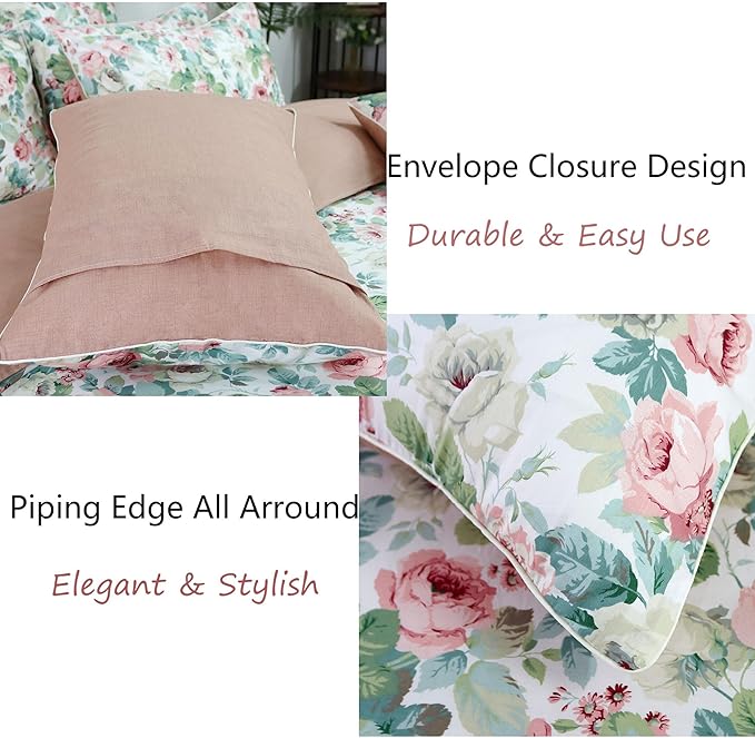 FADFAY Duvet Cover Set Queen Pink Rose Floral Bedding French Country Peony Flower Quilt Cover Set Vintage Farmhouse Bedding 100% Cotton Comforter Cover with Hidden Zipper Closure 3Pcs, Queen Size