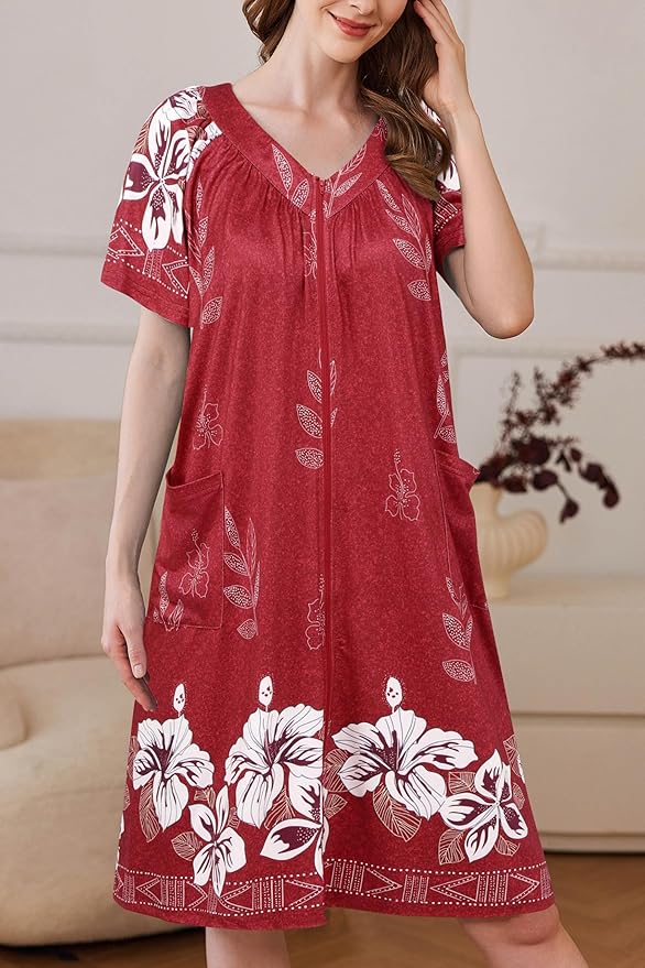 Ekouaer Women Robe Zipper Front Mumu Duster Robes Zip Up Housecoat Soft Sleepwear with Pockets