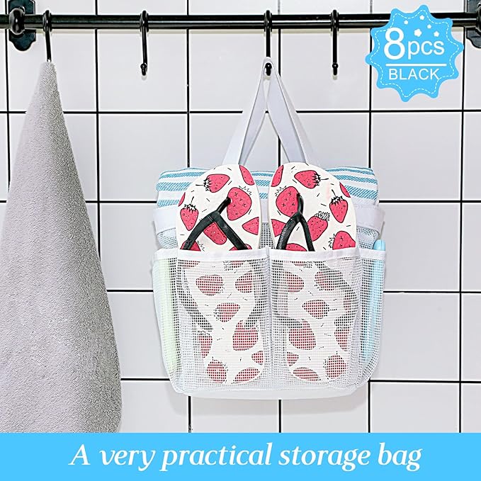 8 Packs Mesh Shower Caddy Portable Large Shower Caddy Dorm with 8 Pockets and Handles Quick Dry Shower Bags Hanging Bath Bag Dorm Room College Essentials for Bathroom Gym Camp (White)