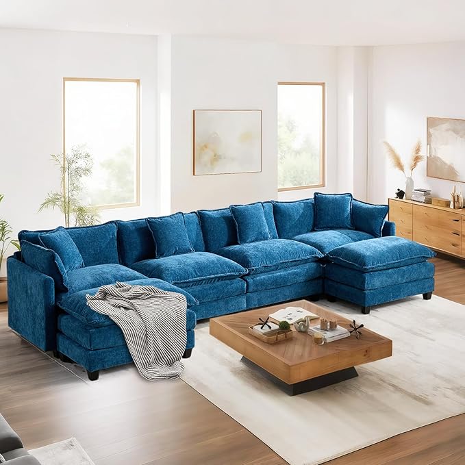 SoarFlash 149.61" Chenille Sectional Sofa, Comfy U Shaped Modular Coush Sofa with Ottoman, Modern 4 Seat Couch Deep Seat Sofa Set for Living Room,Blue