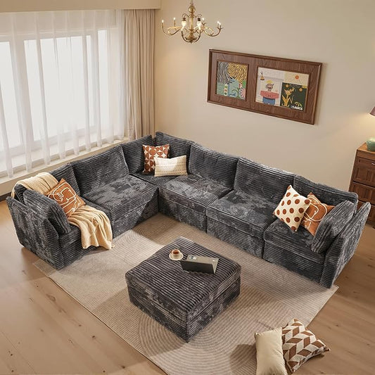Large 7 Seat Modular Sectional Sofa with Ottoman Seat Corduroy Sleeper Sectional Sofa Bed Oversized Convertible Modular Couch for Living Room