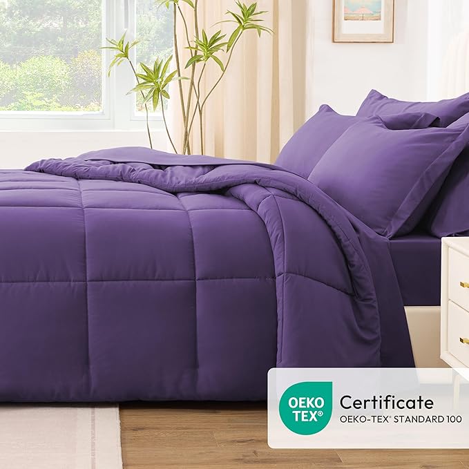 Love's cabin King Size Comforter Set Dark Purple, 7 Pieces King Bed in a Bag, All Season Bedding Sets with 1 Comforter, 1 Flat Sheet, 1 Fitted Sheet, 2 Pillowcase and 2 Pillow Sham