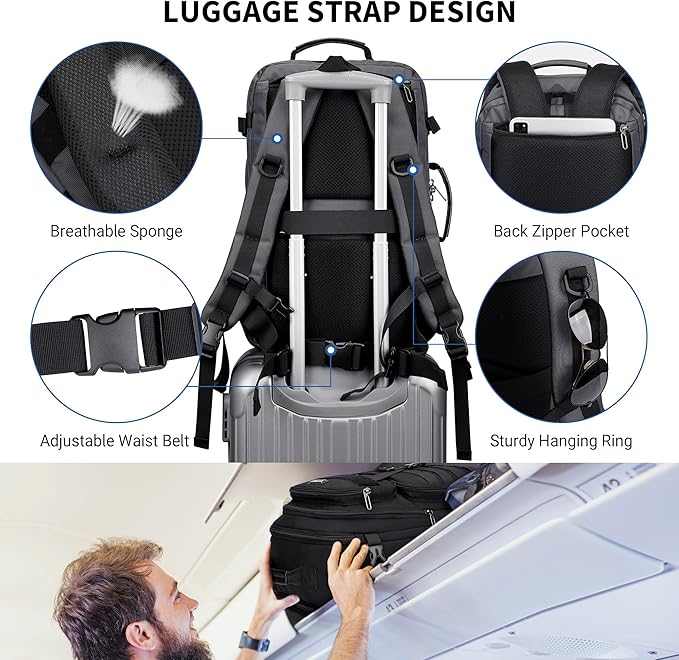 WITZMAN Carry On Travel Backpack for Men Large Convertible 45L Fit 17 Inch Laptop Backpack 3 in 1 Bag for Airline Approved(B688 Silvery Grey)