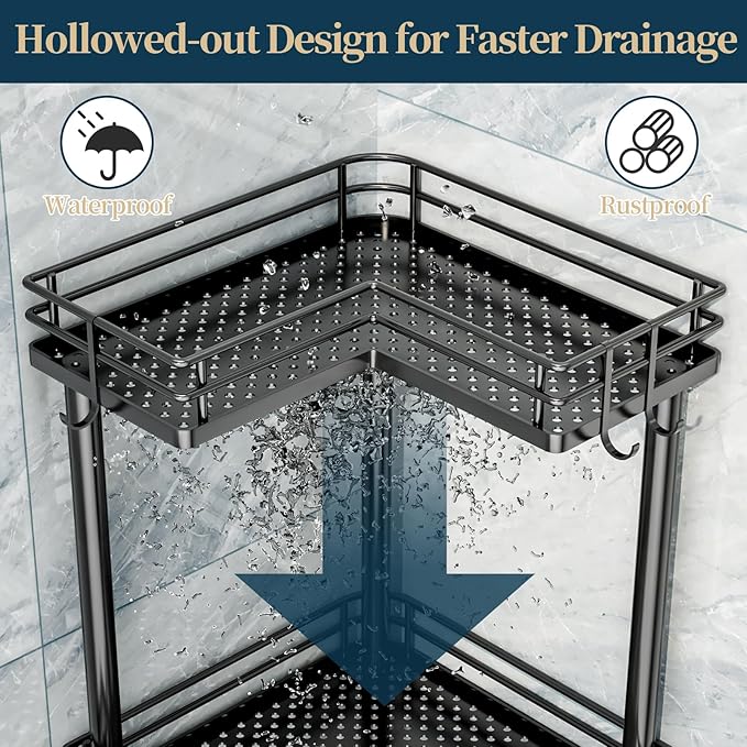 Consumest Corner Shower Caddy Standing - 3-Tier Stainless Steel Shower Organizer with Soap Holder and 4 Hooks, Large Capacity Corner Shelf Stand for Bathroom, Rest Room, Black