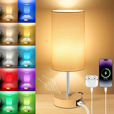Unicozin Small Table Lamp, 3CCT & 7 RGB Color Changing, Dimmable Nightstand Lamp with Wood Grain Base, Touch Bedsides Lamp for Bedroom, Office, Kids Room, Nursery, Party, White Shade