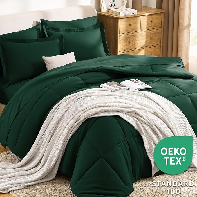 CozyLux Queen Comforter Set Emerald Green - 7 Pieces Bed in a Bag Queen, All Season Soft Bedding Sets, Oeko-Tex Certified Bed Set with Down Alternative Comforter, Sheets, Pillowcases & Pillow Shams